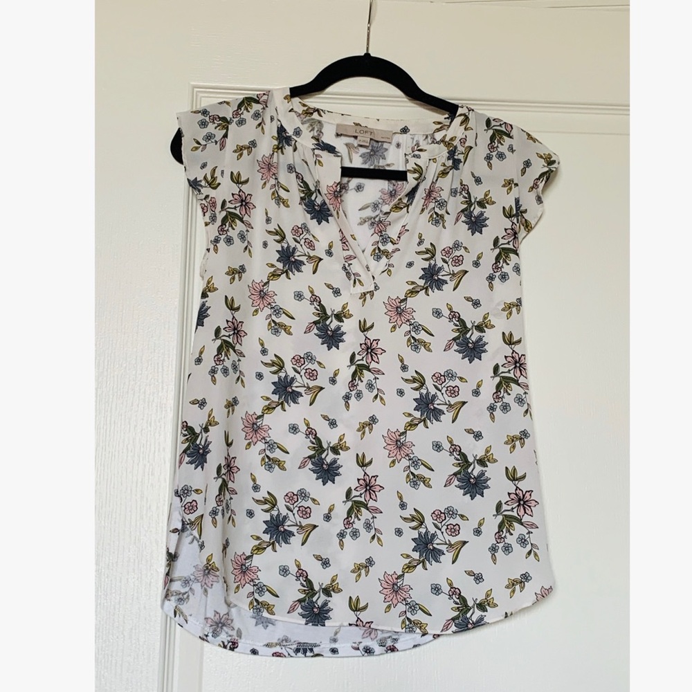 LOFT Floral White Mixed Media Split Neck Blouse